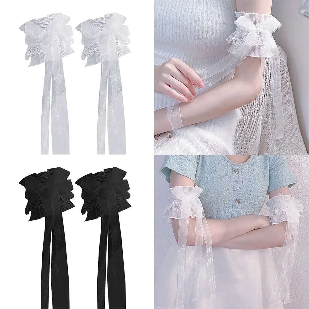 Arm Warmers Bowknot Arm Sleeve Elastic Ruffled Floral Layered Lace Arm Cover with Long Ribbon Oversleeves Wrist Cuffs Bridal