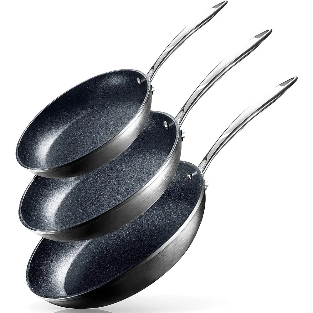 

3 Pc Non Stick Frying Pans Set for Cooking, Non Stick Pans for Cooking, Hard Anodized Nonstick Pan, Dishwasher Safe Black