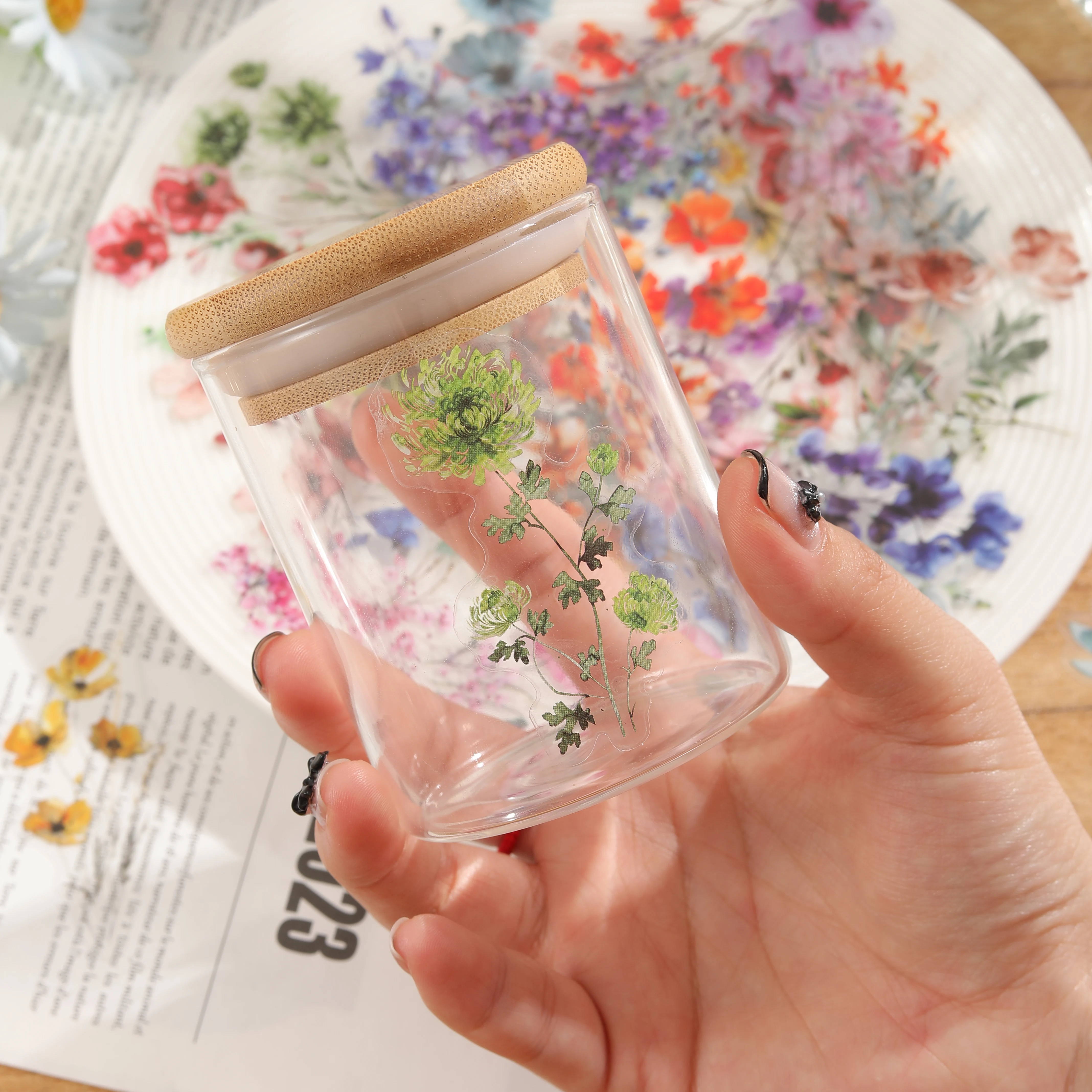 50pcs Kawaii Creative Flower Plant Stickers Hand Tent DIY Stick Labels Scrapbooking Journal Transparent Flower PET Sticker