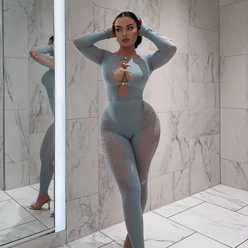 الفهد الفيروسية ارتداءها اللؤلؤ مزين شبكة الملابس الداخلية مغر الجاكار Catsuit للنساء Flirtatious انظر من خلال الزي