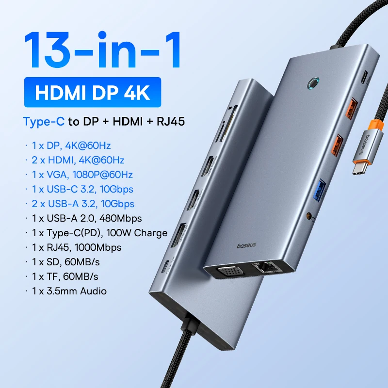 Baseus USB C HUB Dual HDMI 8K 4K Adapter 10-in-1 USB 3.2 10Gbps Splitter met RJ45 SD TF Type C PD 100W voor MacBook Pro Air HUB