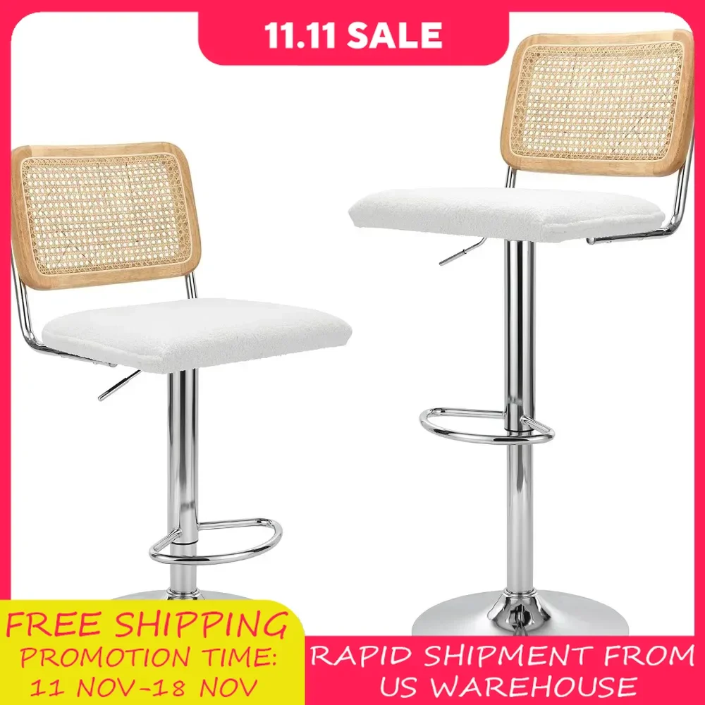 Modern Rattan Bar Stools Set of 2 - Natural Woven Design, Swivel Seat, Footrest, and Cane Backrest, Height Adjustable Bar Chairs