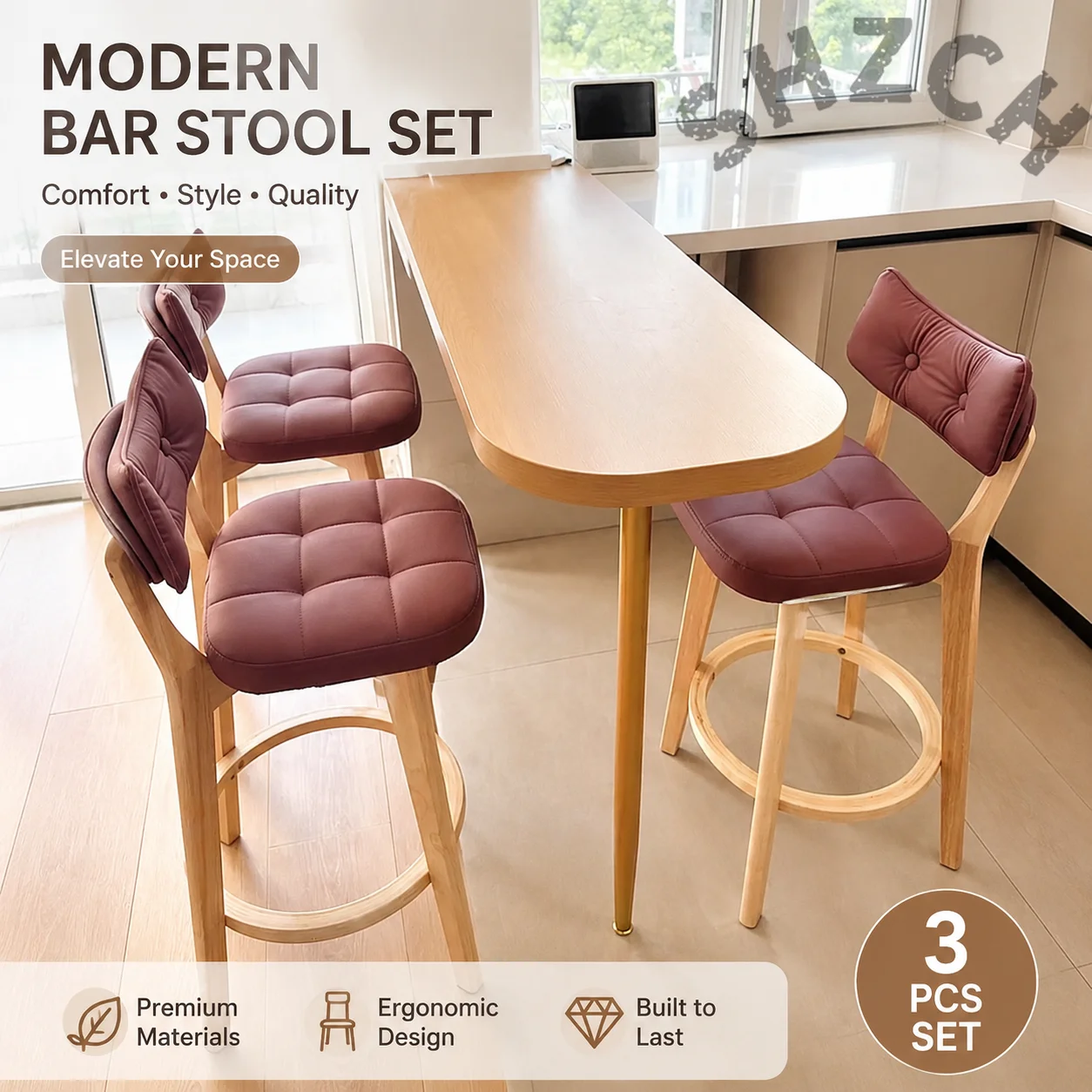 Nordic-Style Solid Wood Bar Stool with High-Elasticity Sponge Cushion – Counter Height Dining Chair for Modern Home