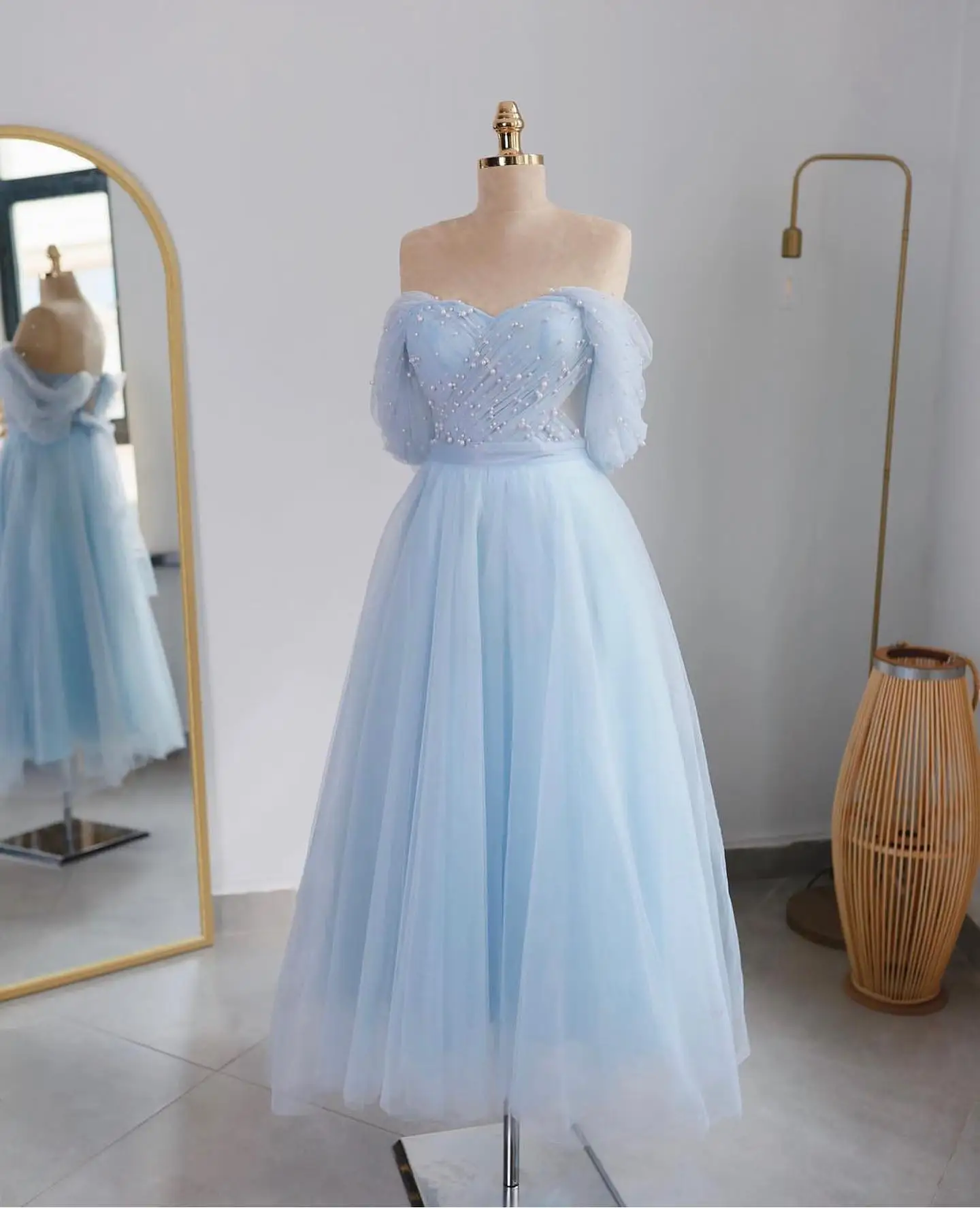 

Noble Blue Off The Shoulder Prom Dress Short Sleeves With Ankle Length Evening Summer Elegant Party Dress For Women2023