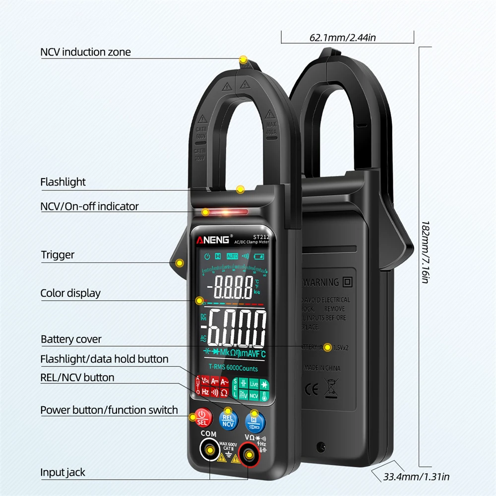 ANENG ST212 DC/AC 전류 디지털 클램프 계량기, 6000 카운트 400A 앰프 멀티미터, 대형 컬러 스크린 전압 테스터, 자동차 Hz NCV 옴