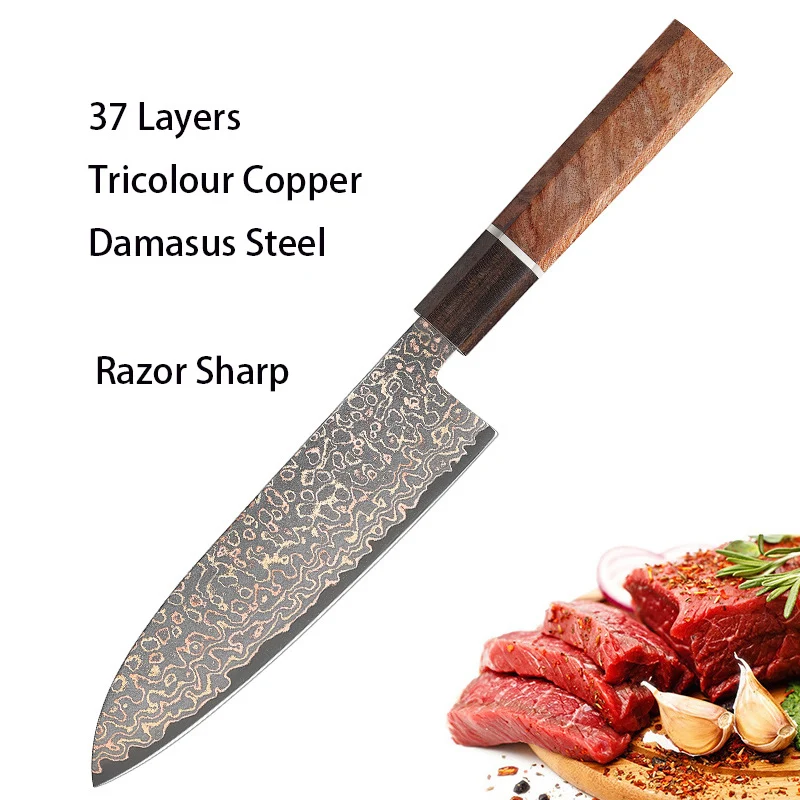 

Chefs Cleaver Knife 37 Layers Tricolour Copper Damasus Steel 12Cr18MoV Razor Sharp Santoku Slice Kiritsuke Nakiri Kitchen Knives