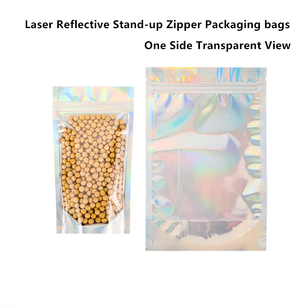 

100pcs Laser Reflective Stand Aluminum Foil Zip Lock Bags with Clear Front - Surface Rainbow Shinning Self Sealing Food Package
