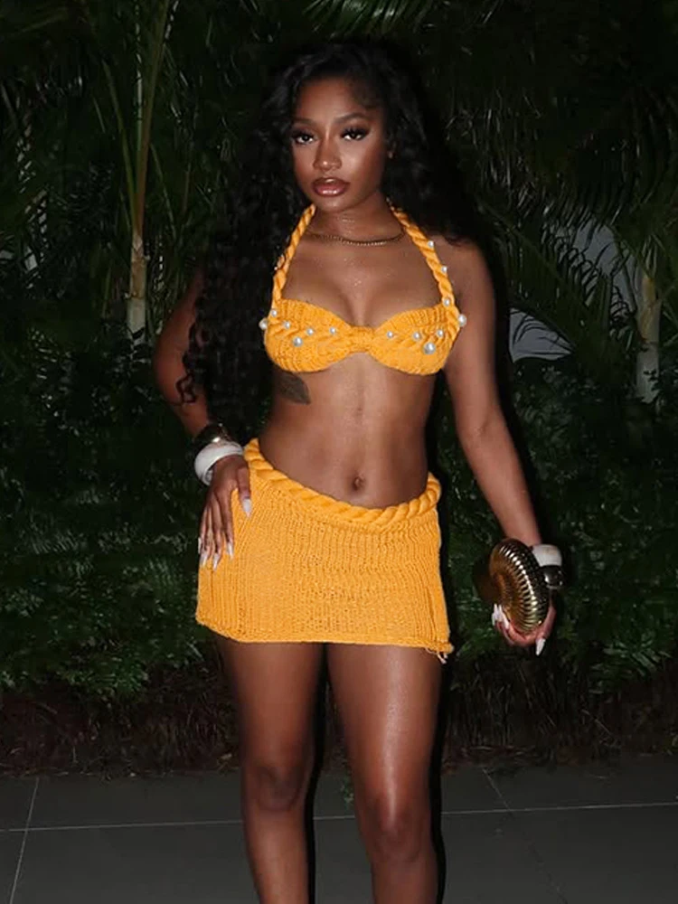 

Nibber Summer Women 2 Piece Set Pearl Plait Halter Shirring Camisole+Zip Peach Hip Skirts Matching Crochet Vacation Clubwear