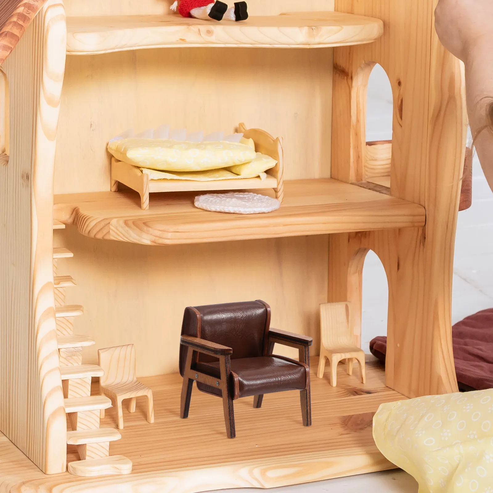 

Miniature Wooden Sofa Chair PU Tiny Furniture Vintage Design Armchair for Mini House Decoration Miniature Scene