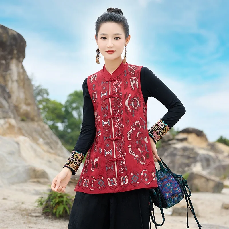 Elegant Embroidered Silk Women's Open Cardigan Vest Collared Buttoned Multi-Purpose Fashionable Chinese Ethnic Style Spring Wear