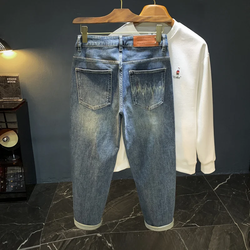 

Мужские джинсы большого размера, новые стили весны и осени, свободная мужская одежда, модные и ностальгические, элитные уличные брюки.