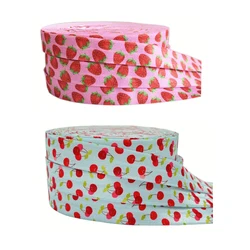 10yard 15mm Cherry Strawberry Print Fold Over Elastic Fruits Ribbon For Sewing Hair Tie Strap Backpack Decoration Akcesoria