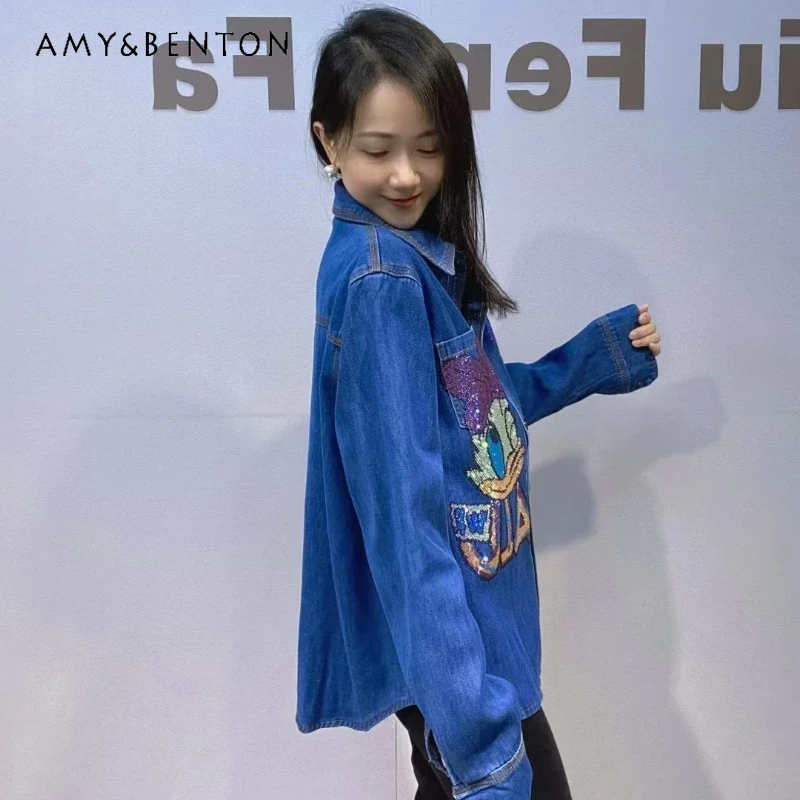 

Winter Autumn New One-Piece Velvet Denim Top Coat Women's Rhinestone Fleece Lining Thickened Washed Single-breasted Shirt Jacket