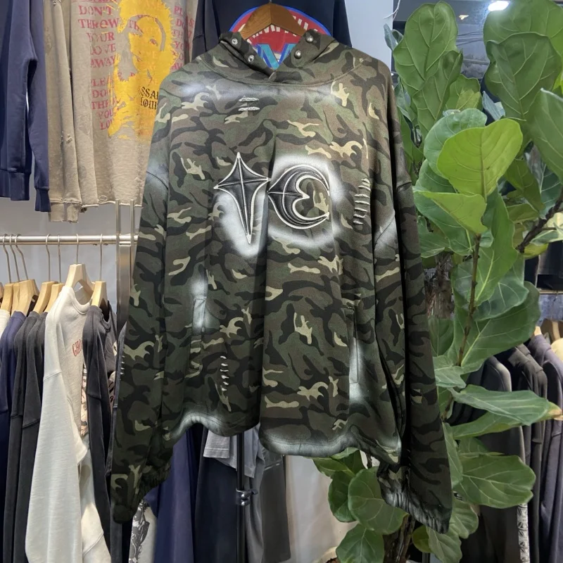 

Мужская свободная толстовка с капюшоном в стиле ретро в американском камуфляжном стиле, длинный свек с принтом звезды и луны, повседневная одежда, удобная толстовка с капюшоном