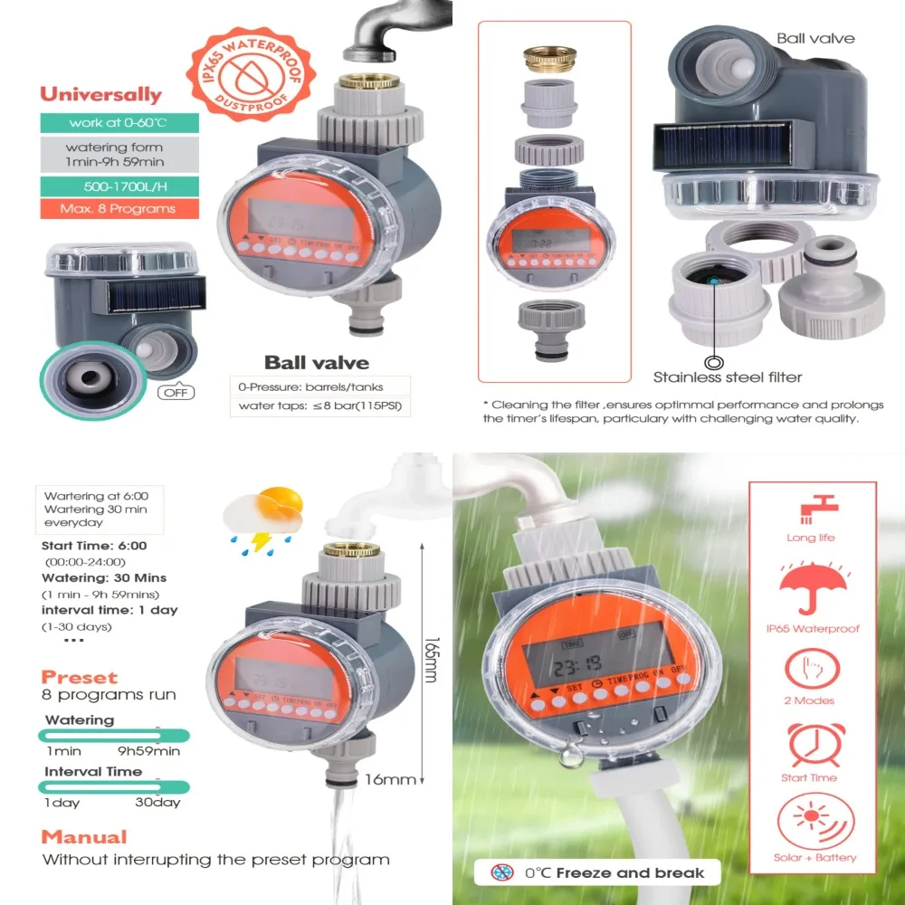 

Умный программируемый таймер воды на солнечной батарее для садового шарового крана, автоматический контроллер для шланга и разбрызгивателя с цифровым дисплеем, Wa