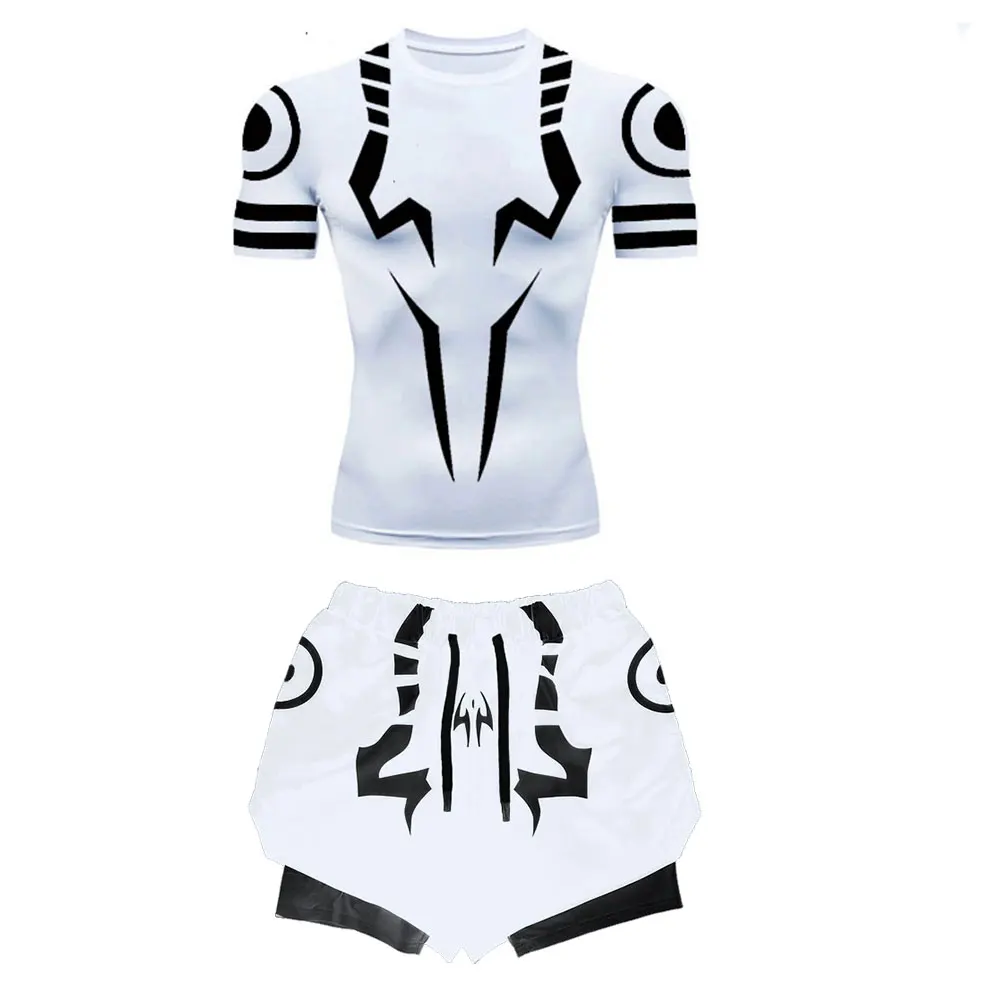 Anime Compression Set Anime Jujutsu Kaisen Fitness Suit for Men Quick Dry Compression Shirt+Gym Shorts 2PCS Running Workout