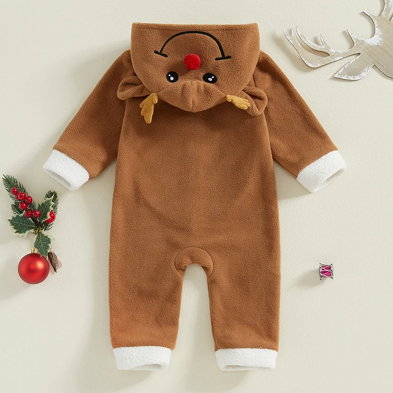 VISgogo 0-24Months Baby Hooded Romper Casual Christmas Elk Long Sleeve Jumpsuit for Newborn Girl Boy Cute Clothes