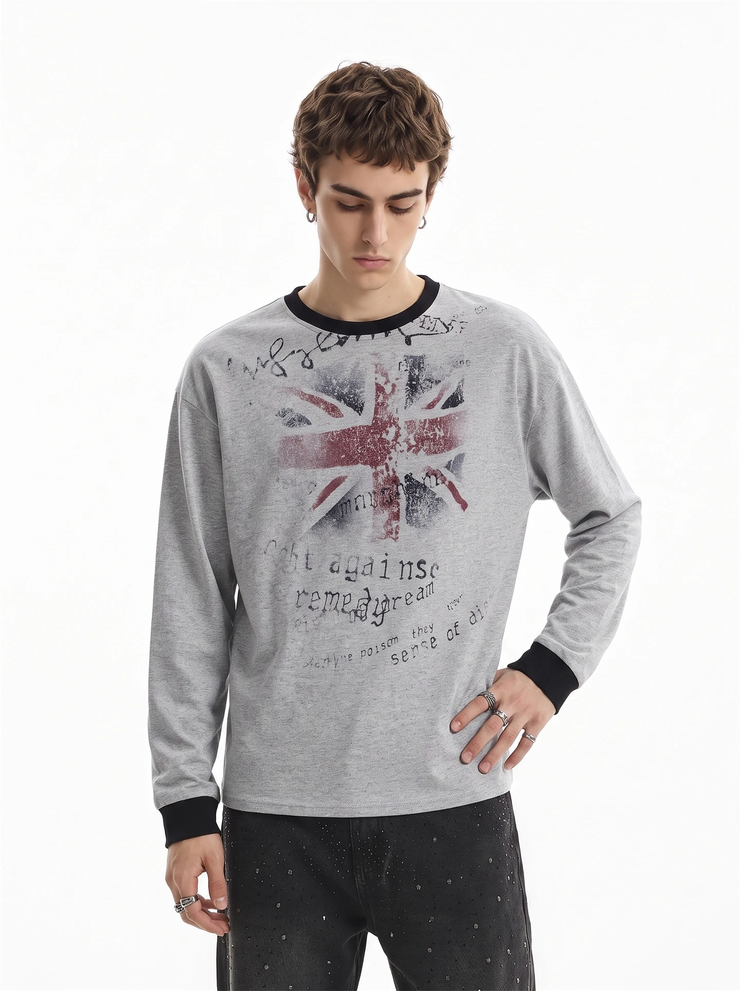 BETEBULE American High Street Weathered Flag Print Long Sleeve T-Shirt Men's Loose Color Block Top INS Autumn New Style