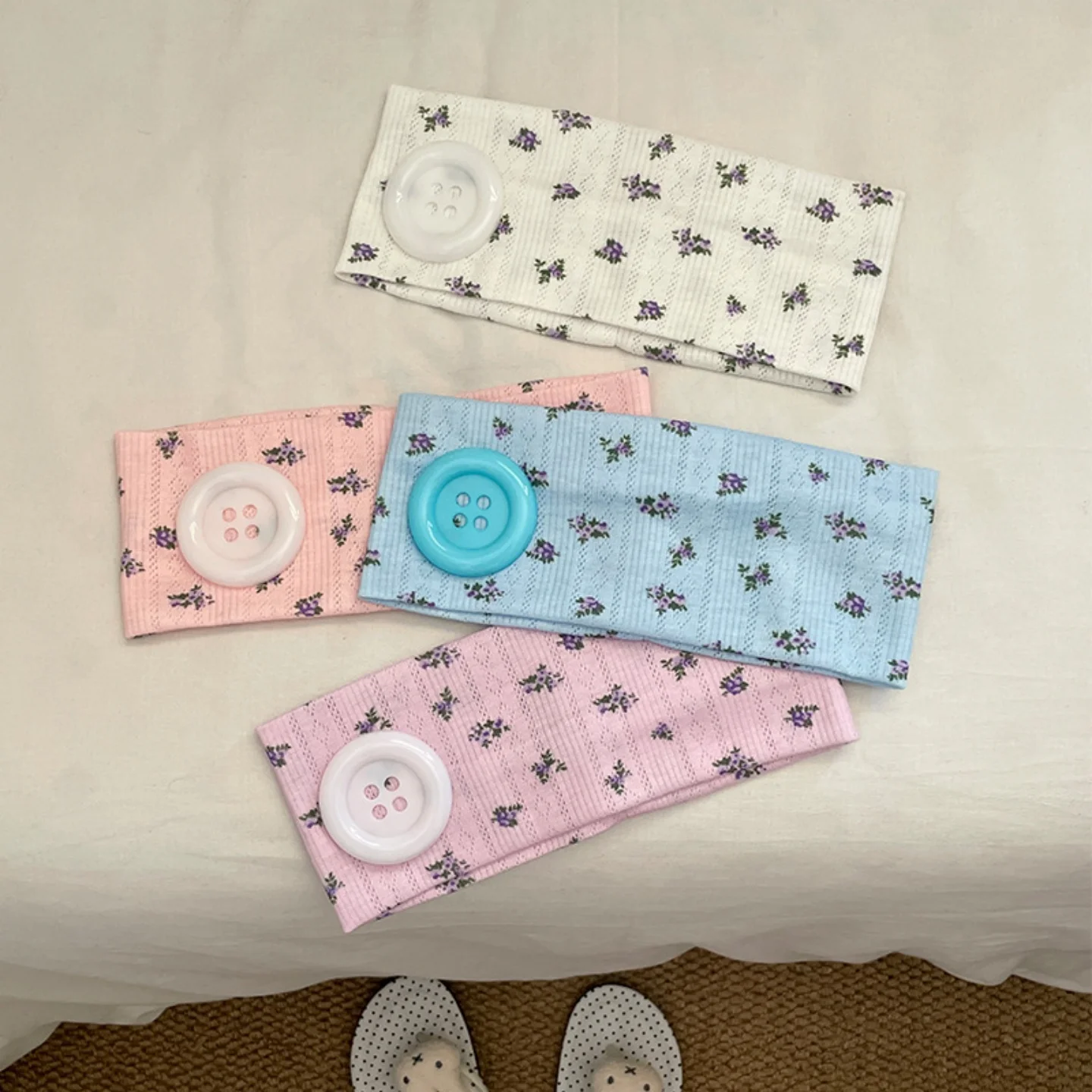 Kawaii Small Flower Print Wide Button Headband Women Breathable Elastic Knit Hairband Soft Girl Casual Makeup  Hair Accessory