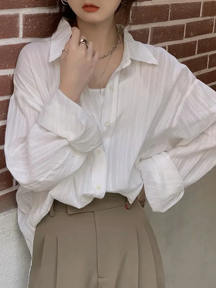 

Новые модные женские блузки, корейские винтажные однобортные прозрачные блузки, элегантные белые рубашки с длинным рукавом, большие размеры ​ одежда