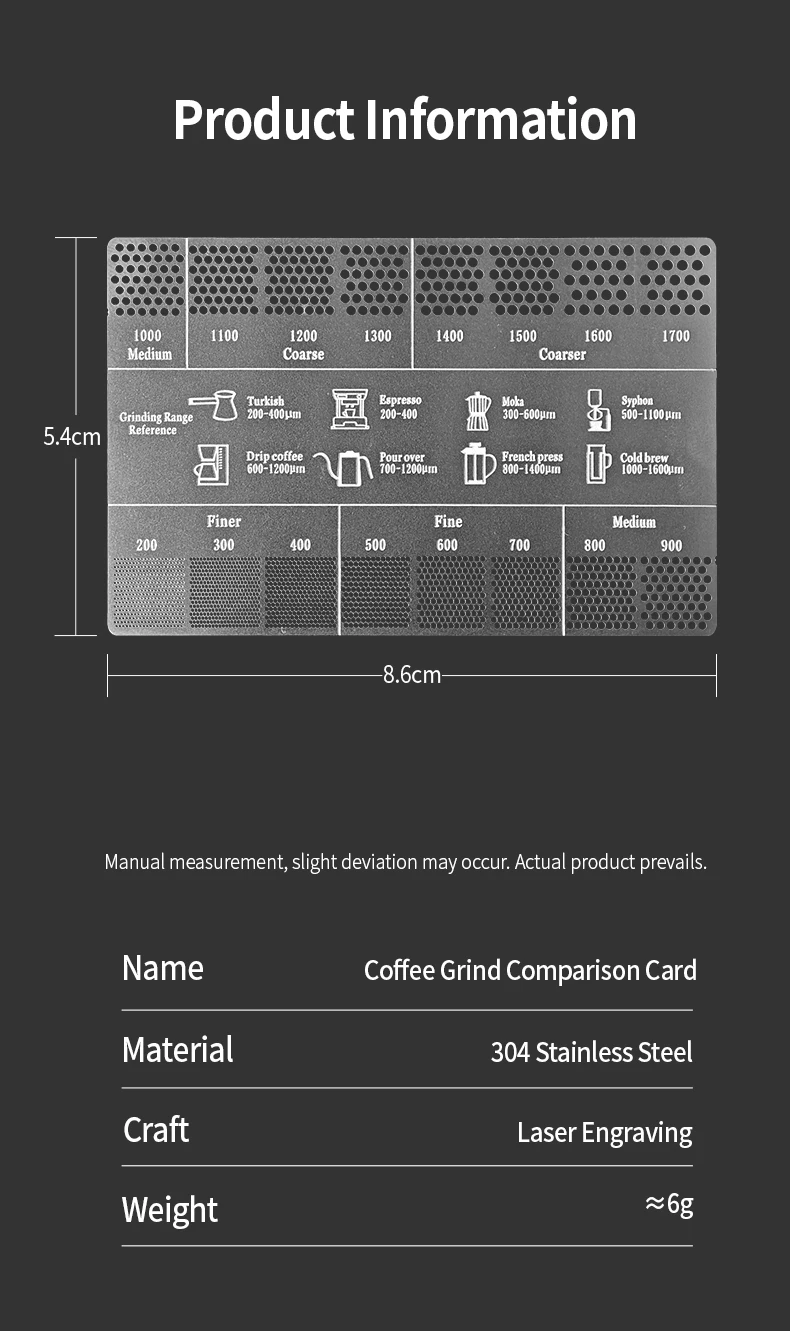 OANKR Kaffeemahl-Referenzkarte, 200-1700µm 304 Edelstahl Kaffee-Messstab Professionelle Werkzeuge Kaffee-Zubehör – Detail 1