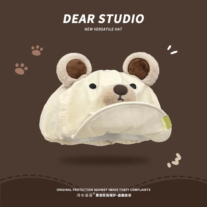 

New Japanese Cute Cartoon Plush Bear Painter Hat Women's Spring and Autumn Sunshade Versatile Soft Brim Octagonal Beret Cap