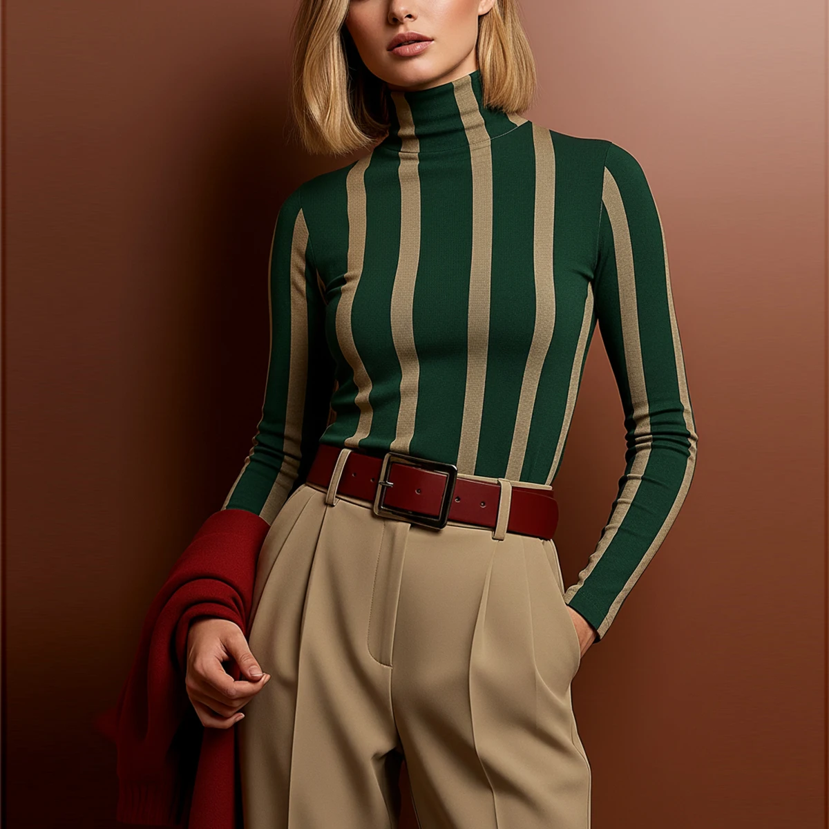 

Женская вязаная блузка Modigirl с высоким воротом, в полоску, темно-зеленая и бежевая, приталенная, с длинным рукавом, в стиле ретро, в рубчик, повседневная, для офиса, для многослойного образа