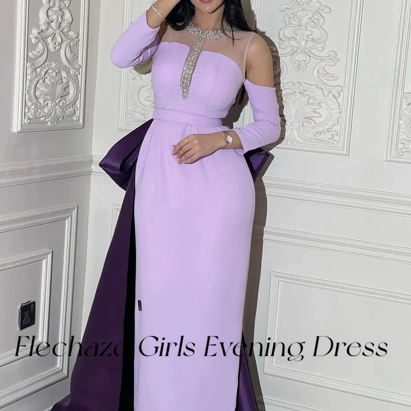 Flechazo Lavender Evening Dresses O Neck Off Shoulder Beads Long Sleeve Formal Party Dress For Women 2024 vestidos de noche