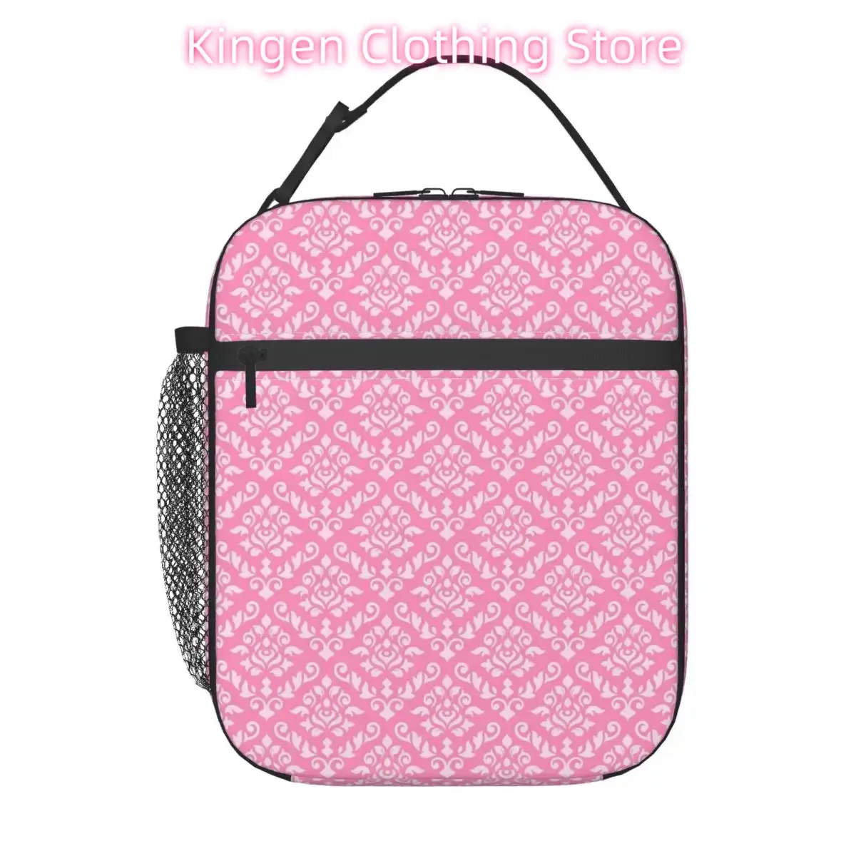 Damask Baroque Print Lunch Bag Pink And White Casual Lunch Box For Children Picnic Portable Cooler Bag Oxford Tote Food Bags