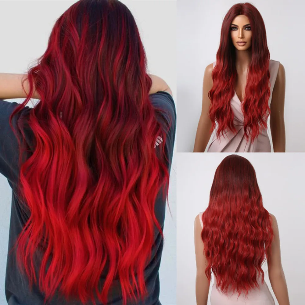 HENRY MARGU Ombre Red Synthetic Wigs for Women Long Loose Wave Wigs Natural Middle Part Red Hair Soft Smooth Party Cosplay Wig