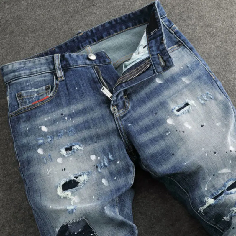Street Fashion Men Jeans High Quality Retro Blue Stretch Skinny Fit Ripped Jeans Men Painted Designer Hip Hop Brand Pants Hombre