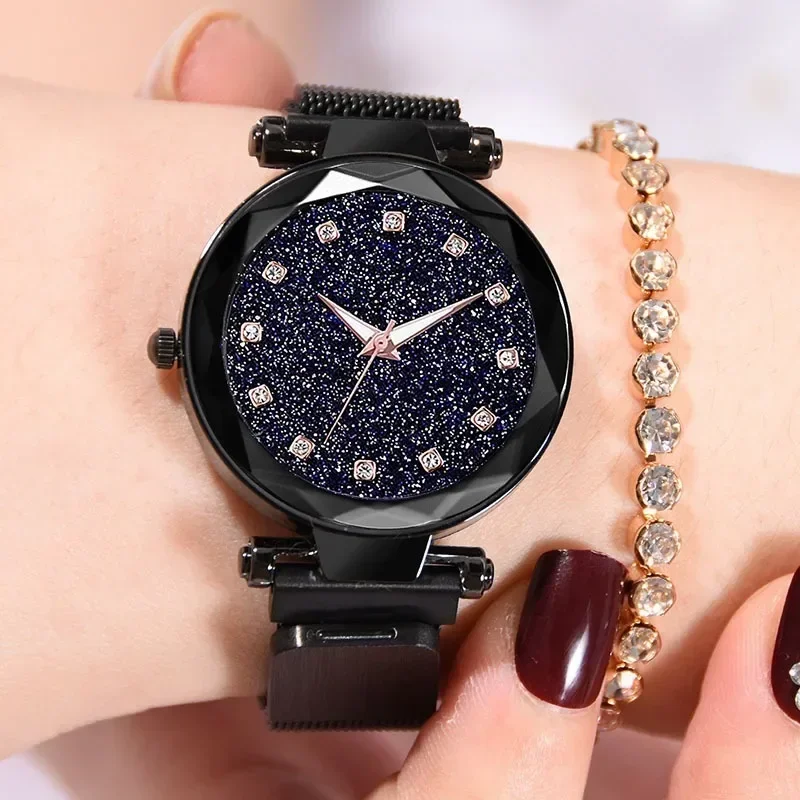 Relojes de marca de lujo para mujer, reloj de cuarzo de cristal, hebilla magnética de malla, reloj femenino de cielo estrellado