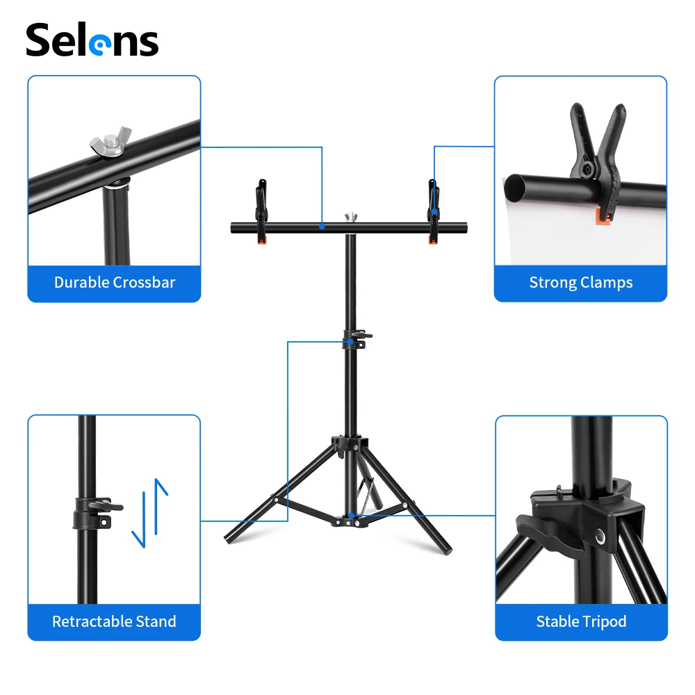 Selens التصوير الفوتوغرافي على شكل حرف T إطار خلفية معدني نظام دعم قوس الخلفية مع مقاطع لشاشة الاستوديو الخضراء