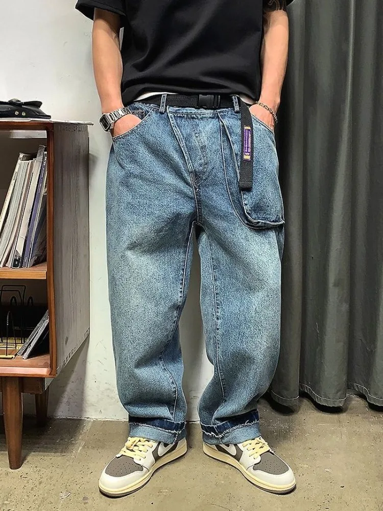 

Spring Autumn American Style Deep Blue Jeans Men Wear Women Y2k Washed Loose High Waisted Straight Denim Pants Trendy Streetwear