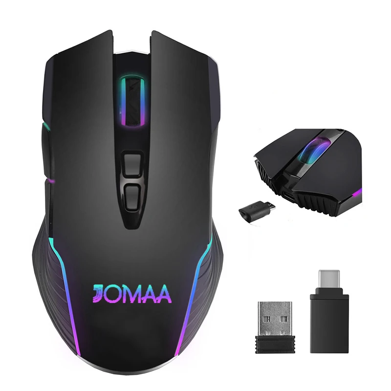 

JOMAA 2.4G Wireless Gaming Mouse Rechargeable Mouse 1600dp.i with USB & Type C Receiver Mice Jiggler mouse for Office Home