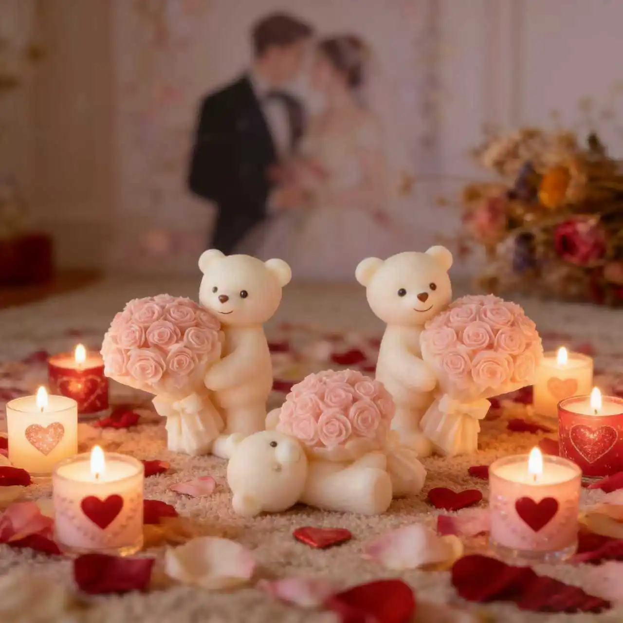 

Teddy Bear Holding Rose Bouquet Candle Silicone Mold Romantic Aromatherapy Candle Resin Plaster Mould for Valentine Decor Gift
