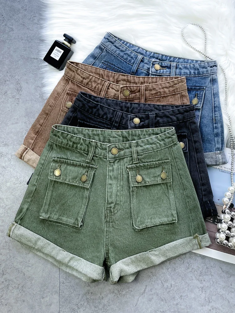 Damen-Jeansshorts, modisch, große Taschen, lässige Cargohose, vielseitige Jeans mit gerolltem Rand und weitem Bein, coole Mädchen-Hotpants in A-Linie