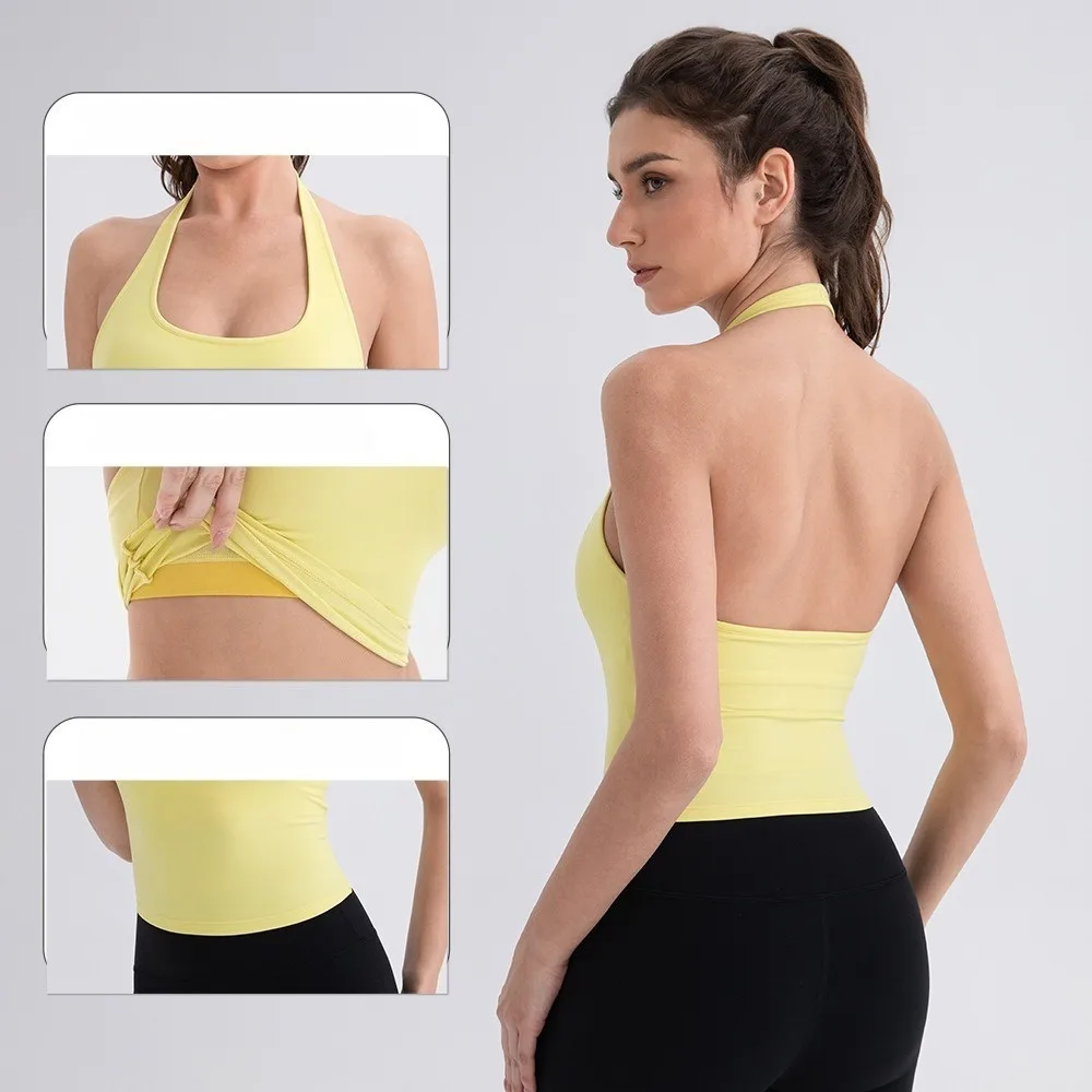Women Halter Yoga Tank Tops with Built-in Bra Naked Feeling Backless Beauty Back Sexy Workout Running Sports Tops