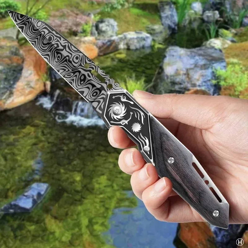 1PC Damascus textured pocket knife, foldable portable knife box type cutting machine, outdoor knife for easy carrying U9195