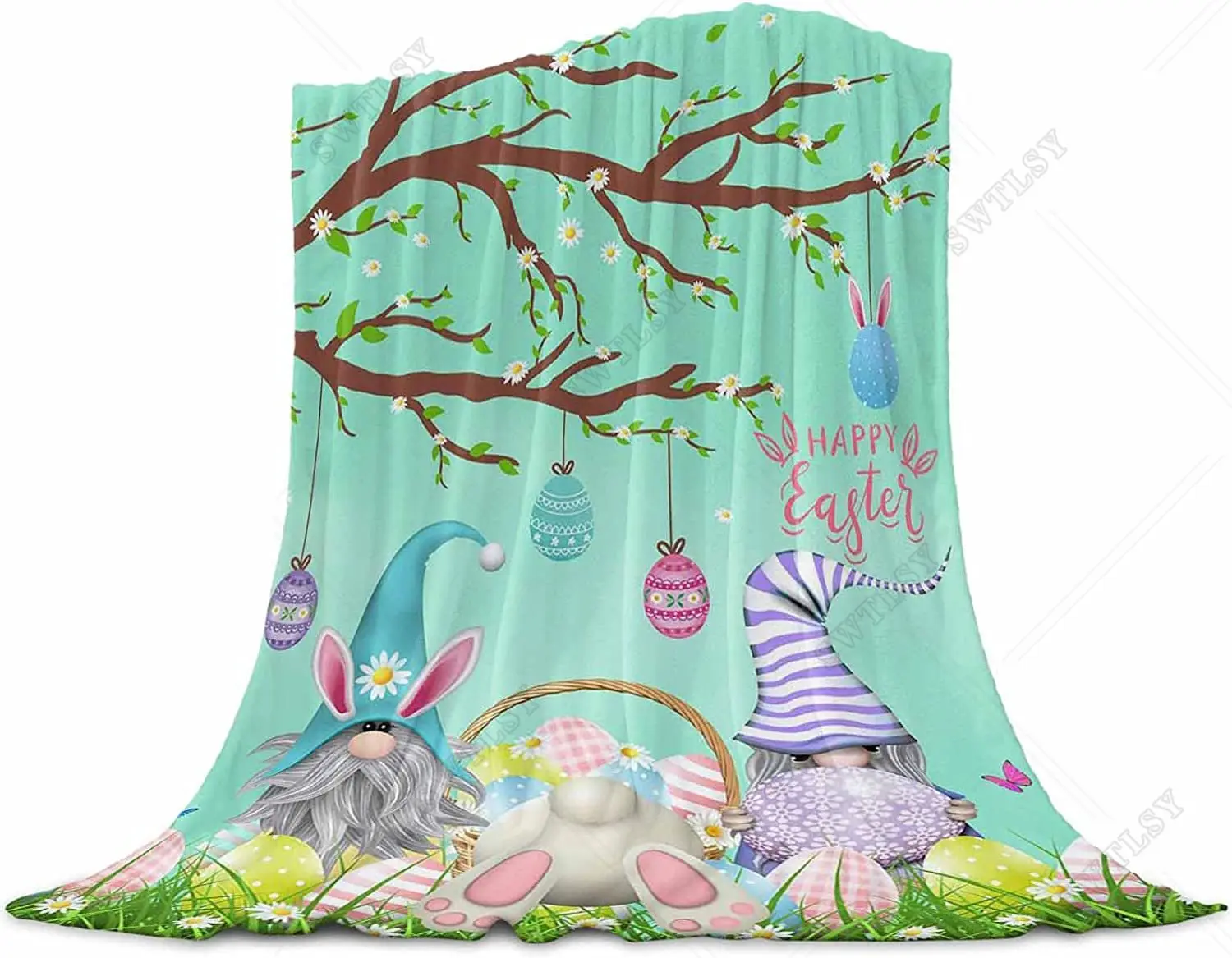 Happy Easter Flannel Throw Blanket Rabbit Easter Eggs Pattern Blanket for Bed Sofa Couch Festival Gift King Queen Size Soft