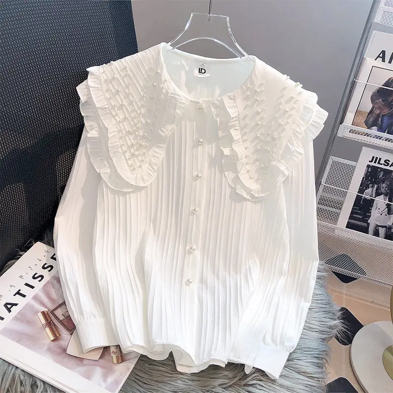 

Sweet Interior Lapping Loose Ladies Solid Women's Clothing Spring Autumn White Long Sleeve Tops Office Lady Buttons Blouses