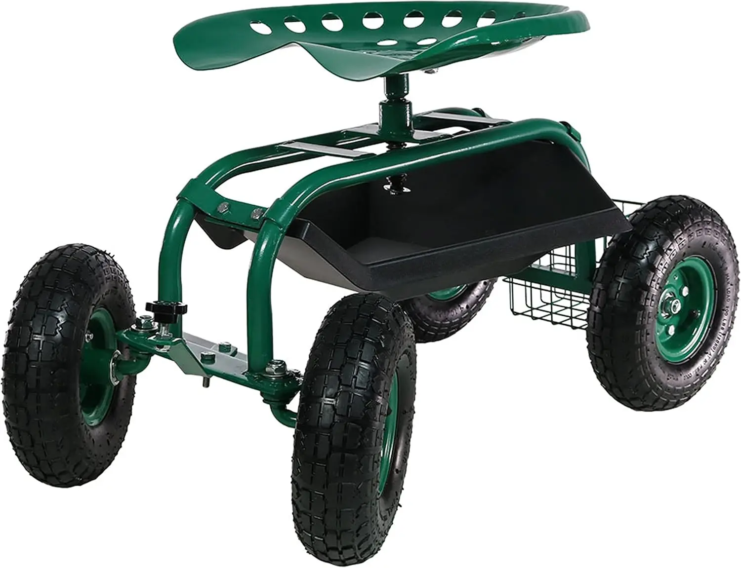 Gardening Cart with Adjustable 360-Degree Swivel Seat - Utility Tool Tray and Storage Basket - Green