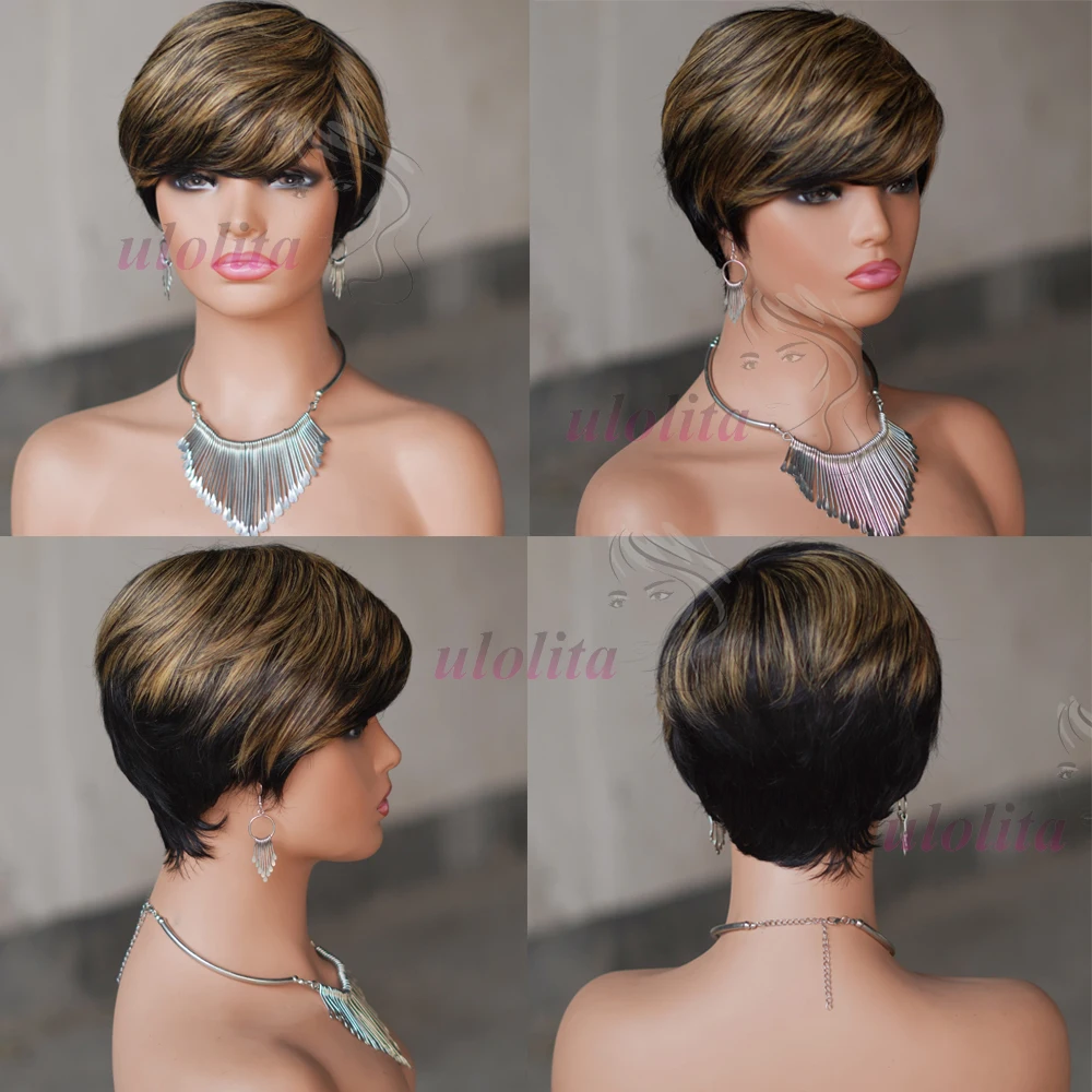 Kurze Echthaarperücke, vollständig maschinell gefertigte Perücke, gerade Pixie-Cut-Perücke aus Echthaar für Frauen, kurze Bob-Perücken mit Pony, Haarschnitt-Perücken – Detail 12
