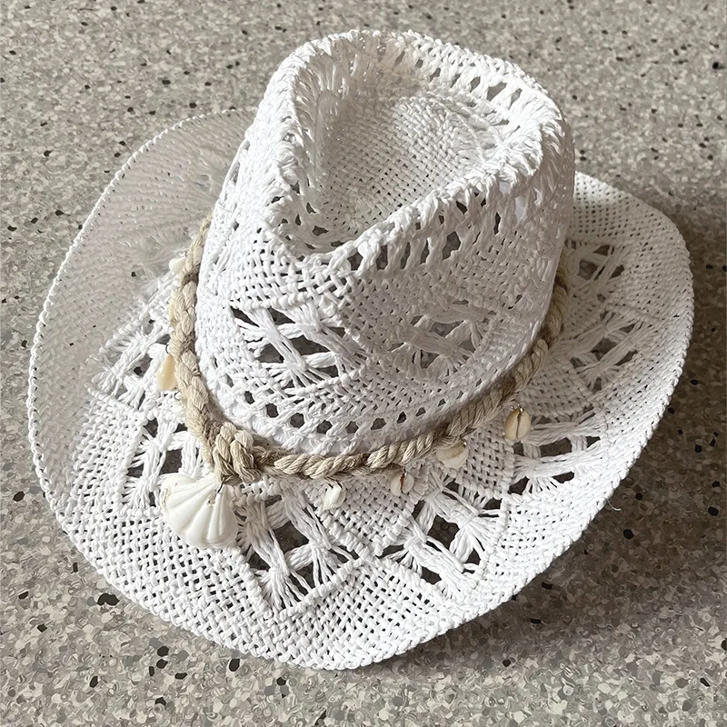 Vintage Sommer Strand Bohemian Strohhut mit Muscheln für Damen und Herren, Western Cowboyhüte mit Holzperlen, Ausgehöhlter Sonnenhut, Urlaubsmütze – Detail 1