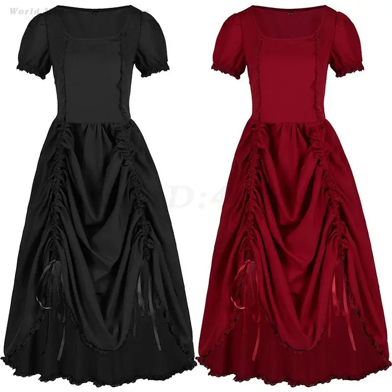 

Medieval Retro Gothic Drawstring Dress Women's Court Princess Ball Gown Lady Vintage Pleated Casual Steampunk Long Vestidos