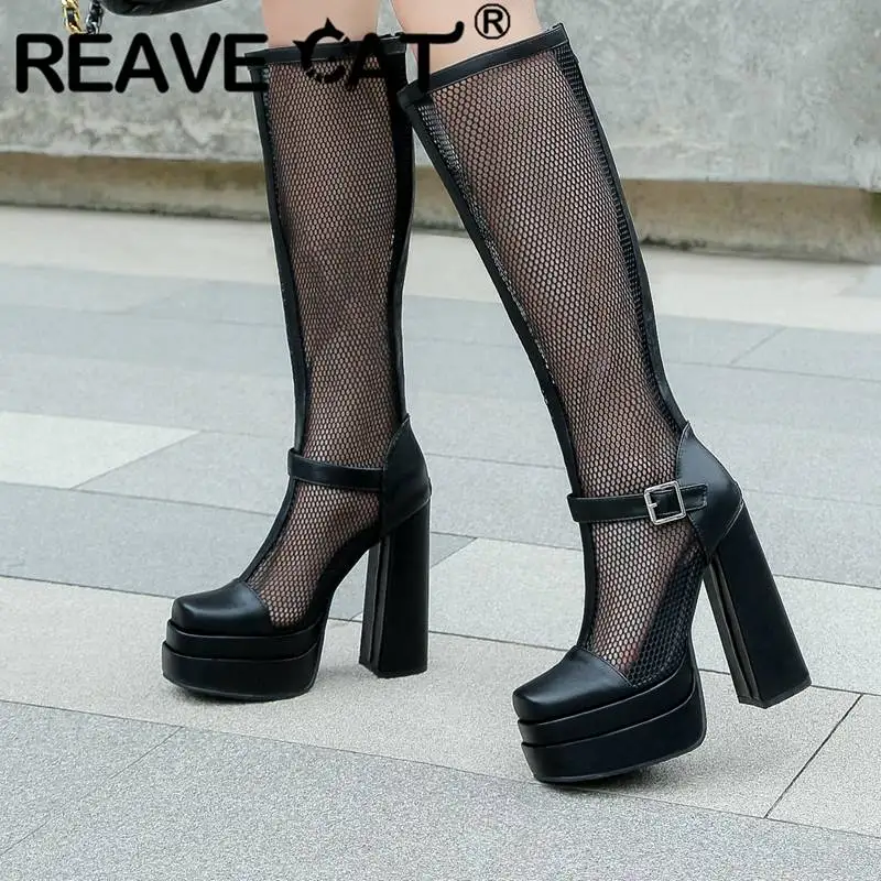 REAVE CAT Luxry Shoes Women Knee-high Summer Boots Toe Chunky Heel 14cm Platform 4.5cm Buckle Size 45