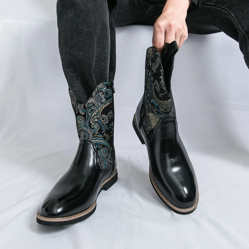 

Черные ковбойские сапоги в стиле вестерн с вышивкой, новые винтажные мужские рыцарские сапоги осень 2025 года, мужские сапоги с длинным верхом
