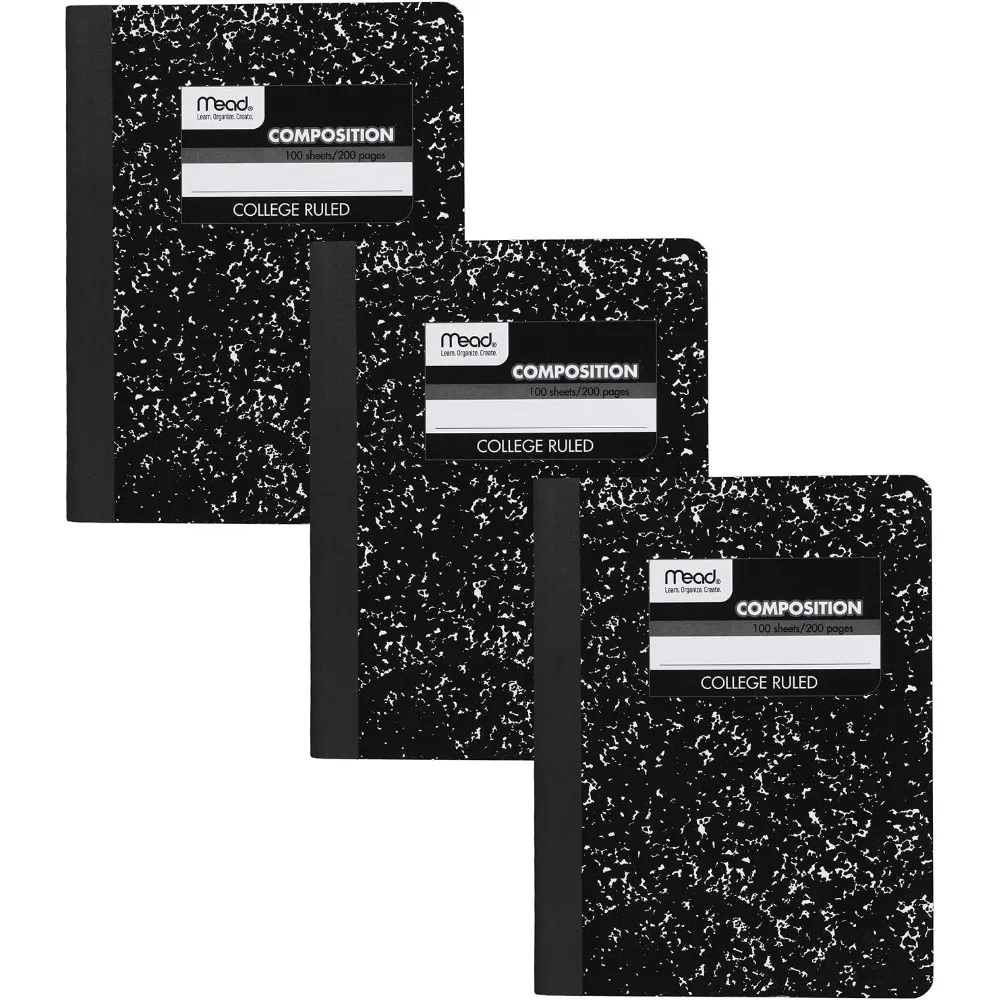 3 Pack Composition Notebooks, College Ruled, 7-1/2"*9-3/4", 100 Sheets Each (200 Pages), Classic Black Marble Hard Cover, Stitched Binding Smooth Ink Resistant Paper, Bulk Comp Books for School College Office Journaling Note Taking Homework