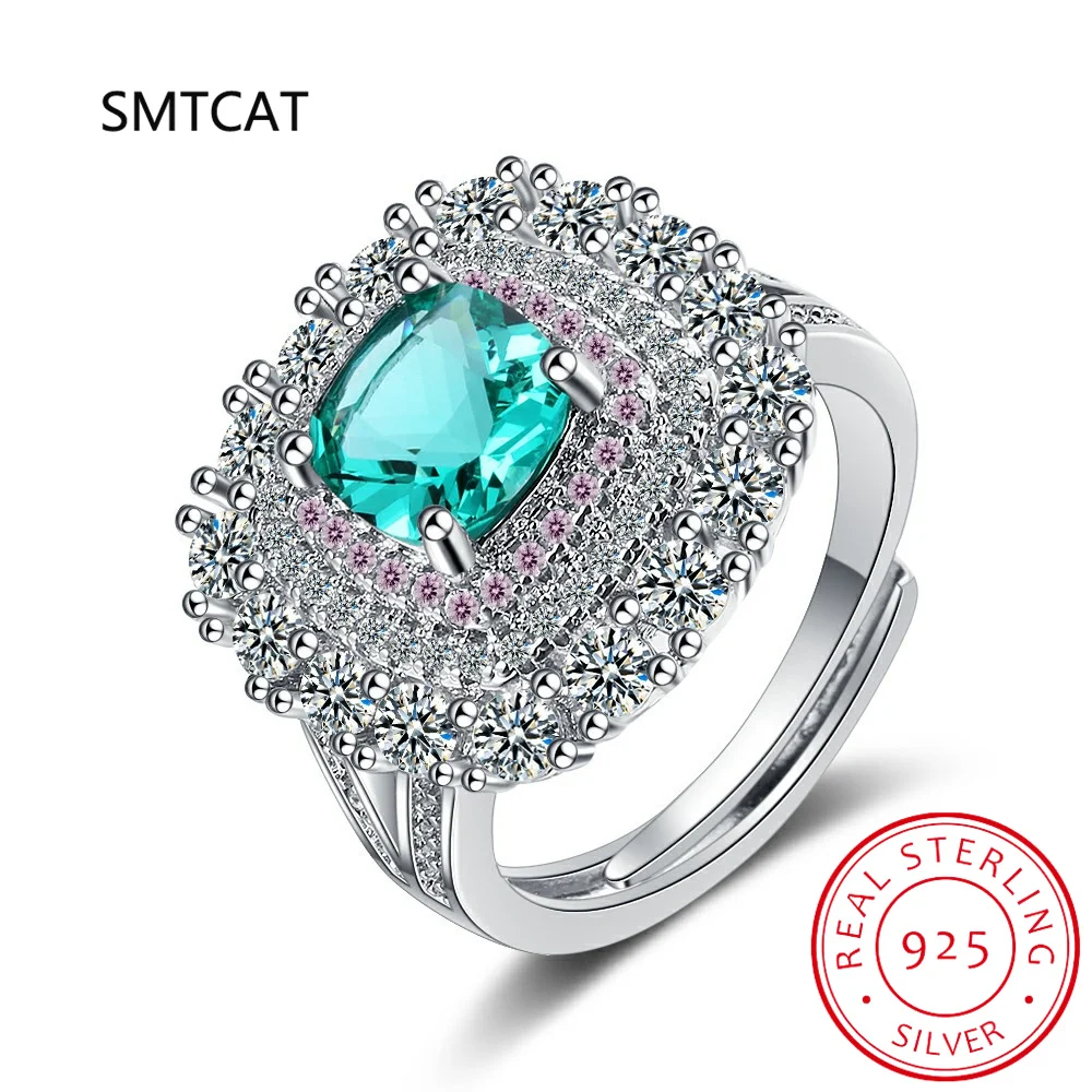 

Cushion Cut Green Simulated Nano Emerald 925 Sterling Silver Geometric Adjustable Ring for Women Statement Gemstone Jewelry Anel