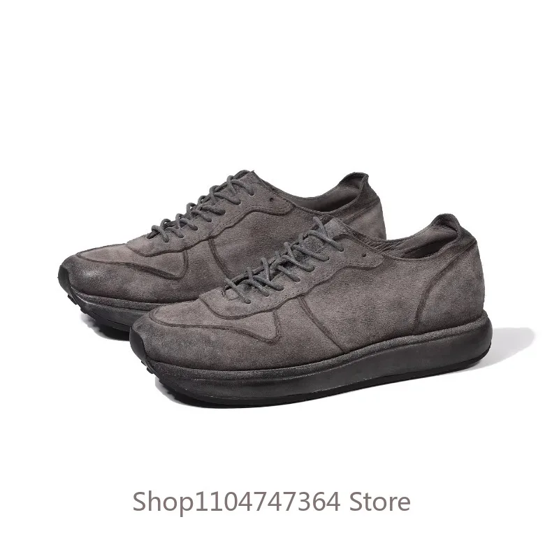 Japanese Handmade Casual Leather Shoes Men's Genuine Leather Washed Thick Soled Round Toe Sport Shoes Male Sneakers Flats